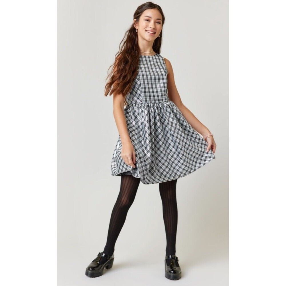 ZUNIE Kids Dress Plaid Taffeta Silver Black Party Holiday Sleeveless Girls 14